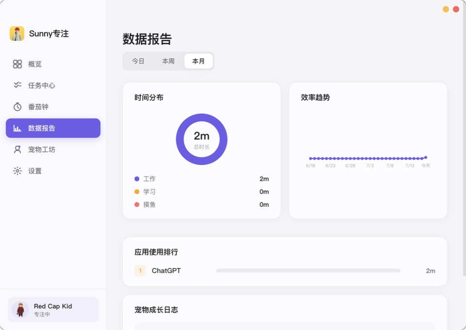 Sunny专注月度数据报告界面